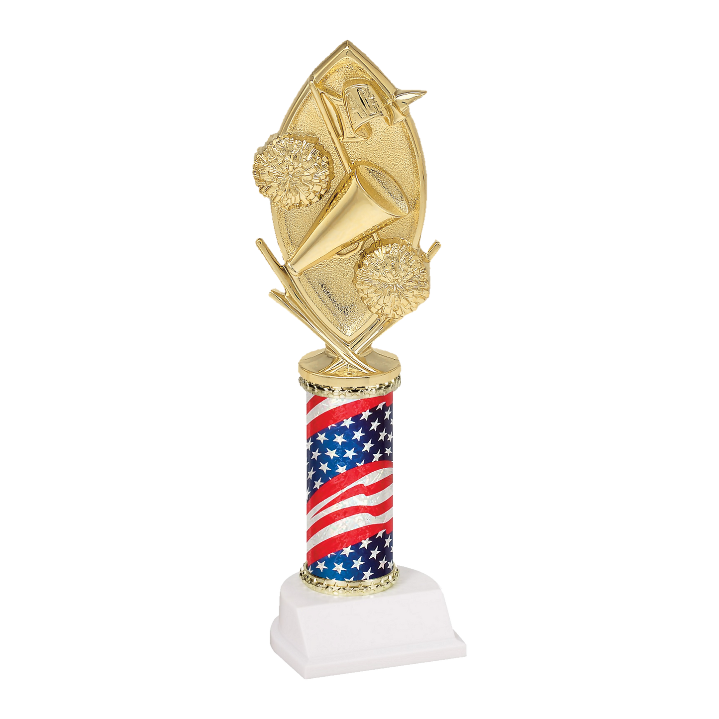Champion Series Cheerleading Trophy - Megaphone & Pom-Poms, gold megaphone with two pom-poms and crossed batons on a stars and stripes flag column with white base