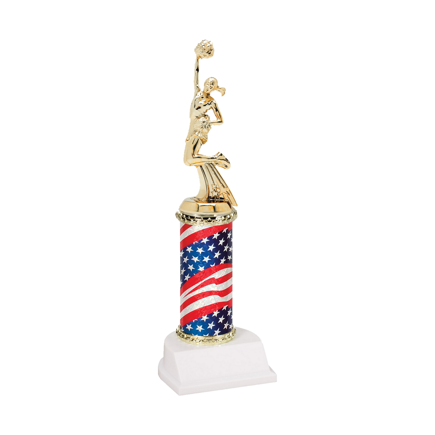 Champion Series Cheerleading Trophy, cheerleader with a pom-pom raised overhead on a stars and stripes flag column with white base