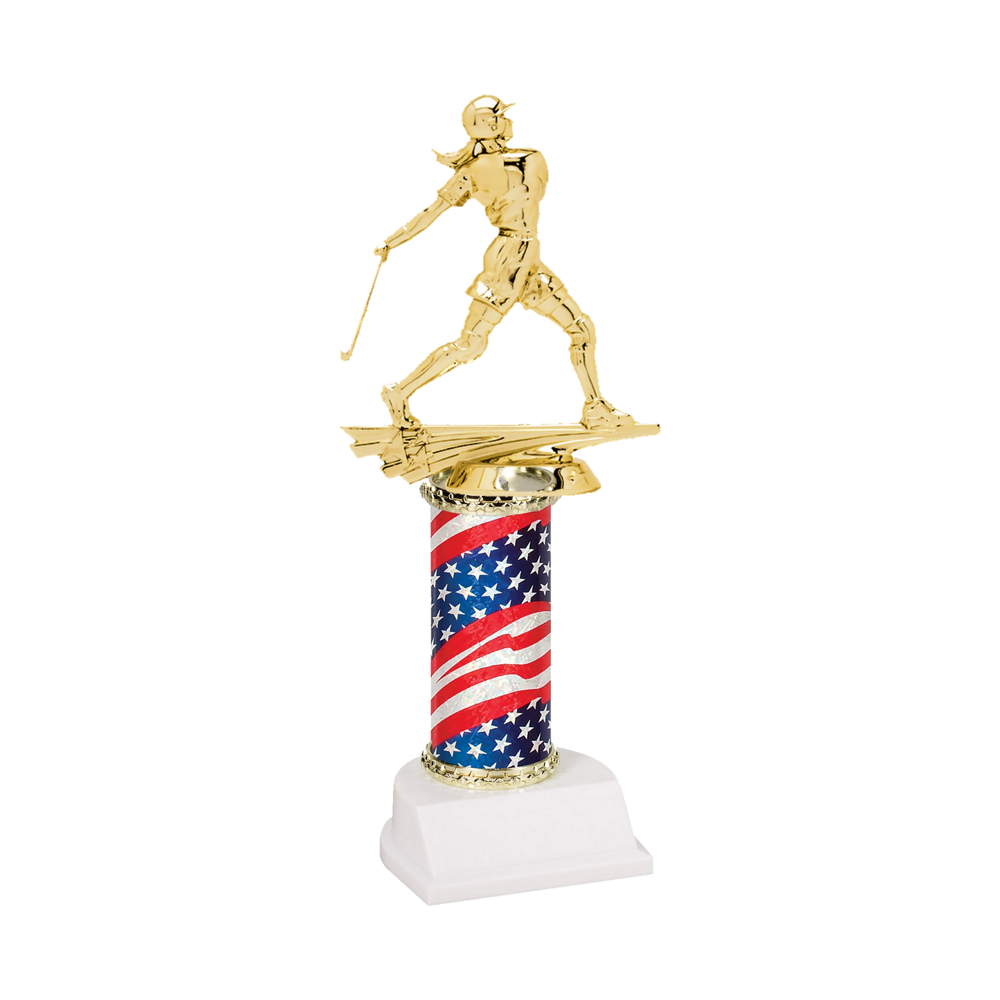 Champion Series Softball Trophy - Batter, softball batter in a helmet finishing her swing on a stars and stripes flag column with white base
