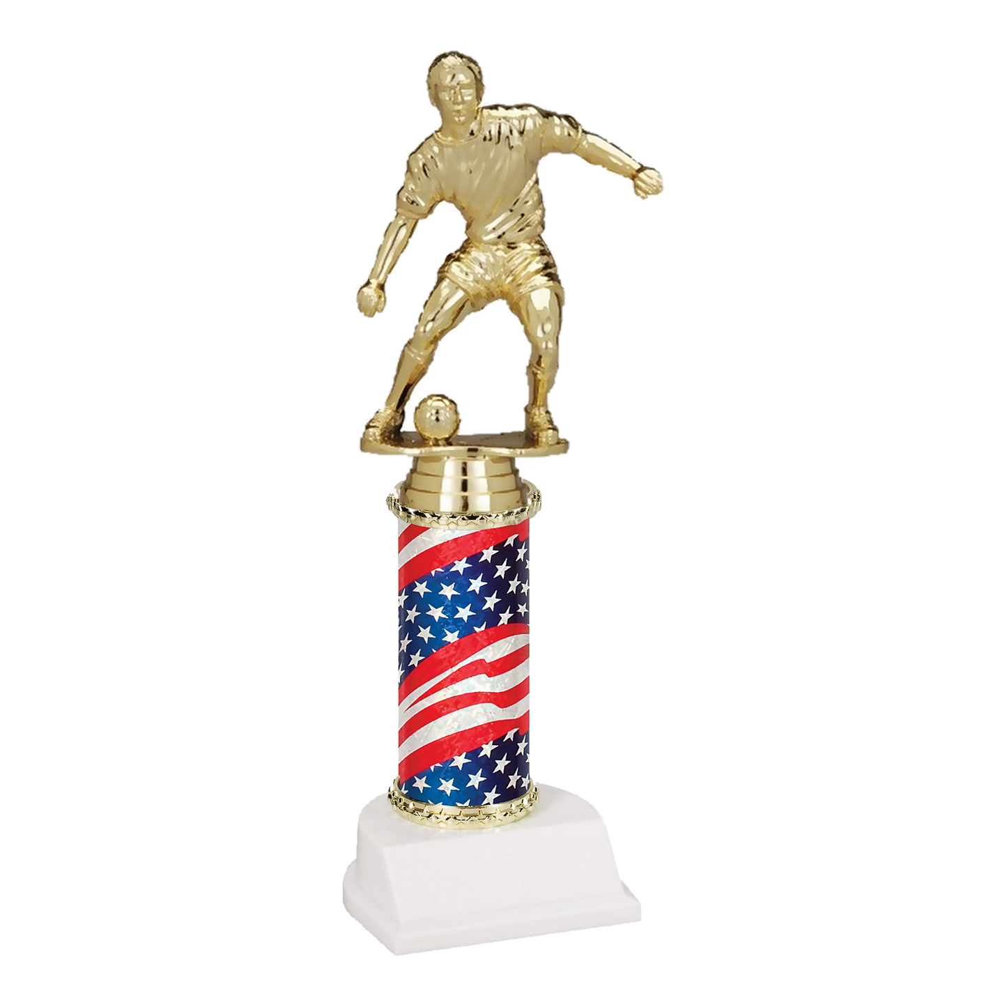 11 inch Champion Series soccer trophy, male figure on stars and stripes flag column with white base