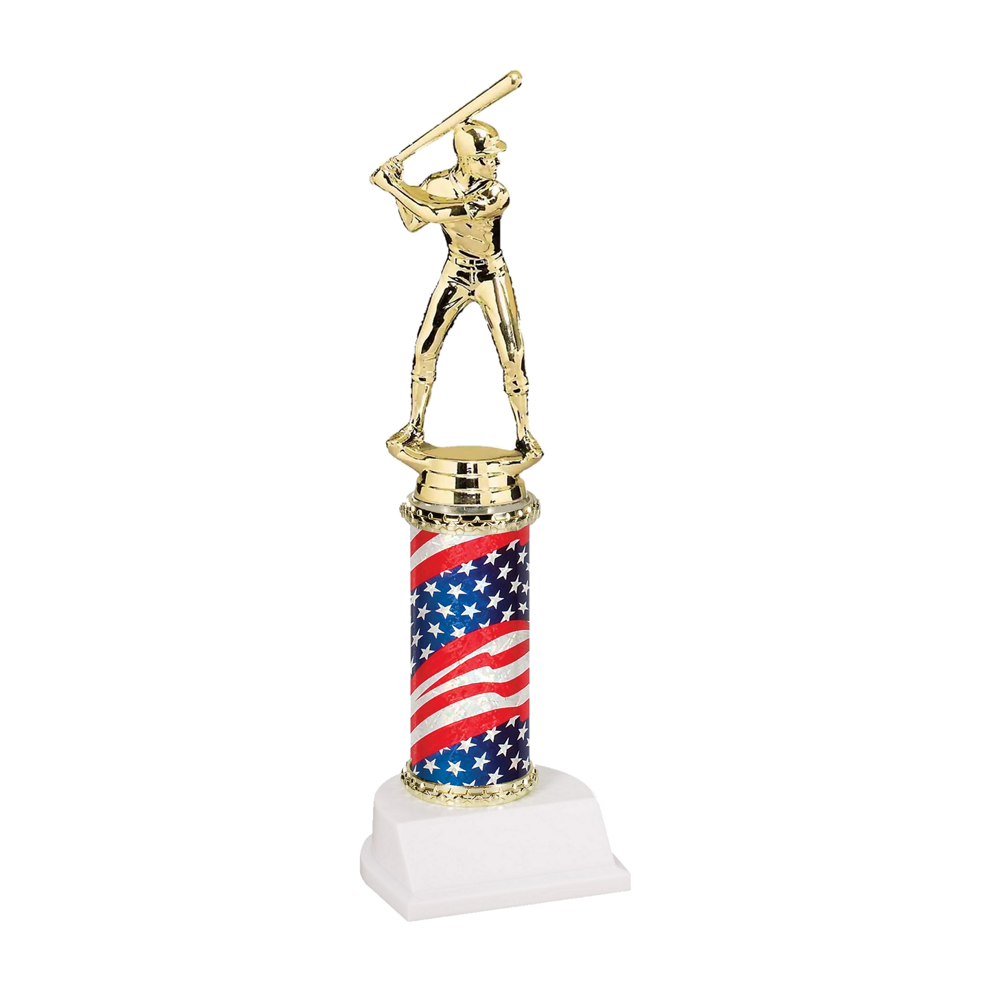 Champion Series Baseball Trophy - Power Hitter, baseball player in a batting helmet with the bat cocked back on a stars and stripes flag column with white base