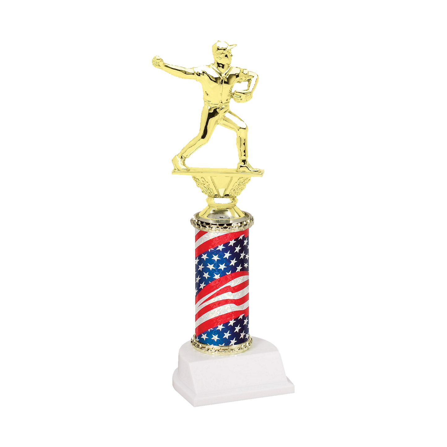 Champion Series Baseball Trophy - Pitcher, baseball pitcher winding up to deliver the pitch on a stars and stripes flag column with white base
