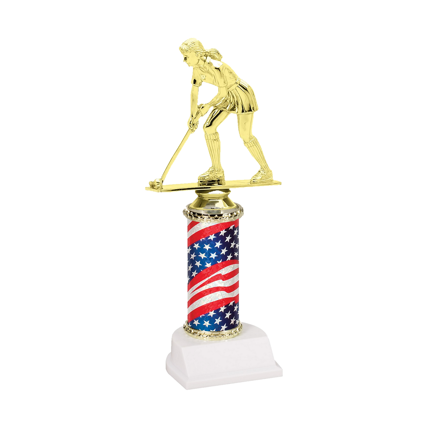 Champion Series Field Hockey Trophy, field hockey player driving the ball with her stick down on a stars and stripes flag column with white base