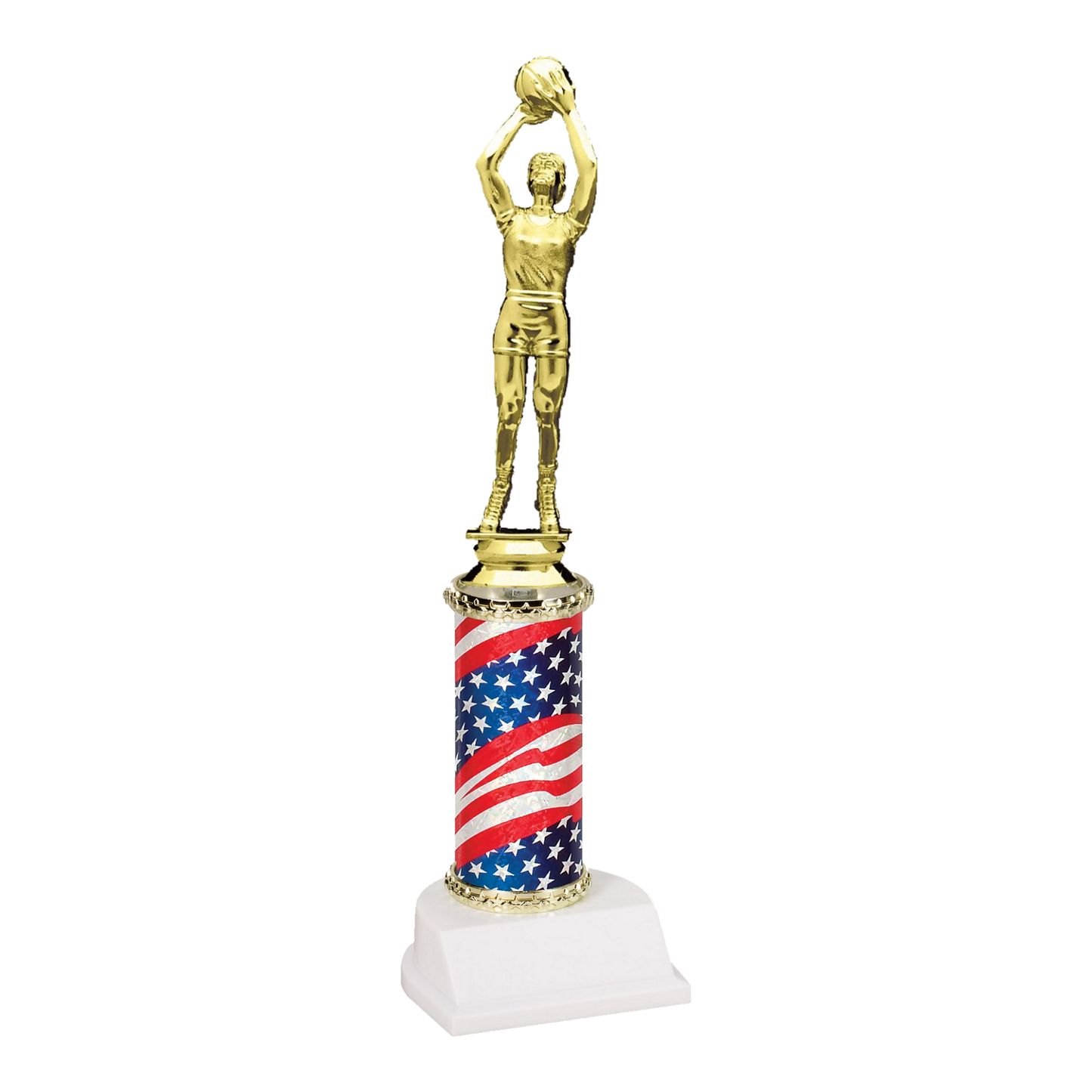 Champion Series Basketball Trophy - Jump Shot, basketball player releasing a jump shot on a stars and stripes flag column with white base