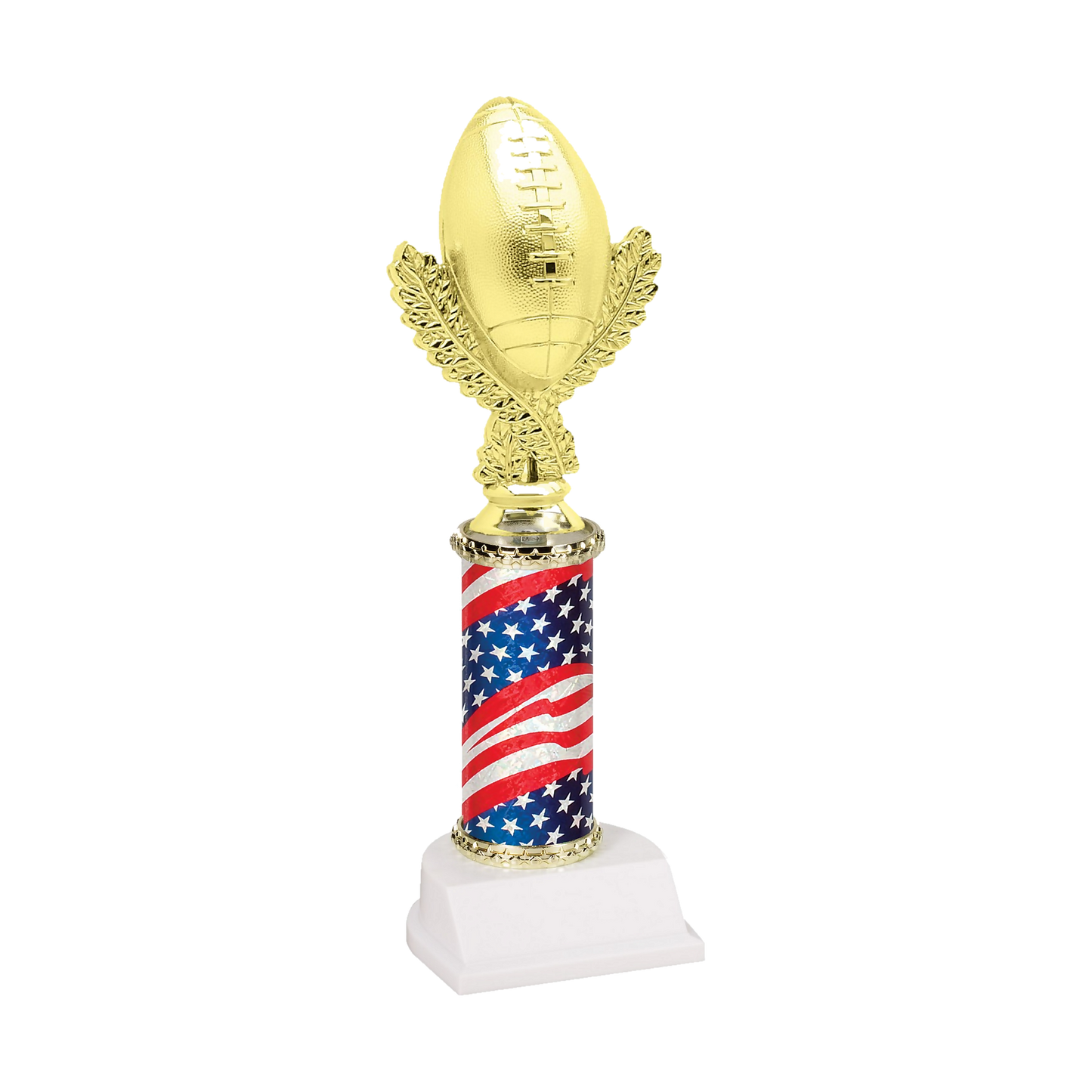 Champion Series Football Trophy - Football & Wreath, gold football standing upright on a laurel wreath riser on a stars and stripes flag column with white base