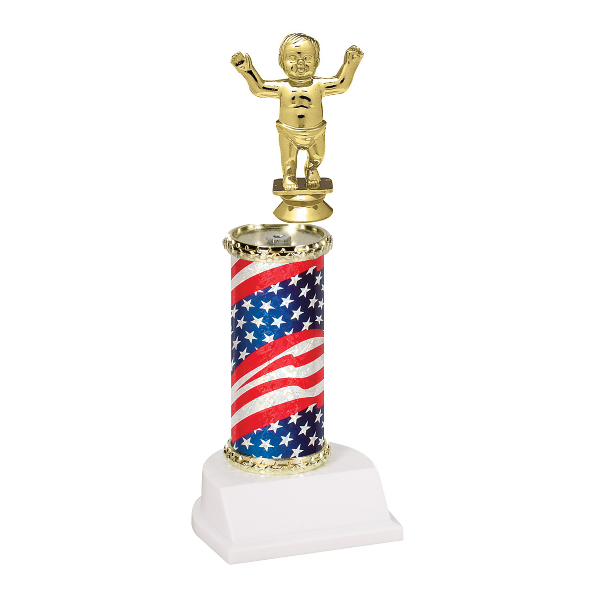 Champion Series Rookie Baby Trophy, gold walking baby figure on an American flag column with white base