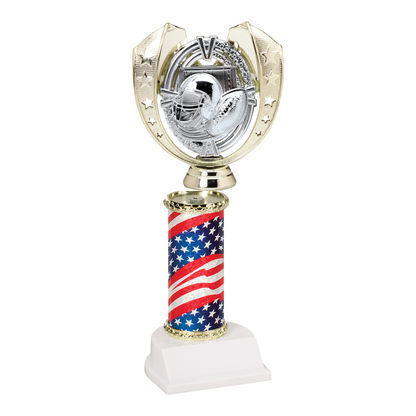 Champion Series Football Trophy - Star Wreath, gold star wreath with silver helmet and footballs on an American flag column with white base