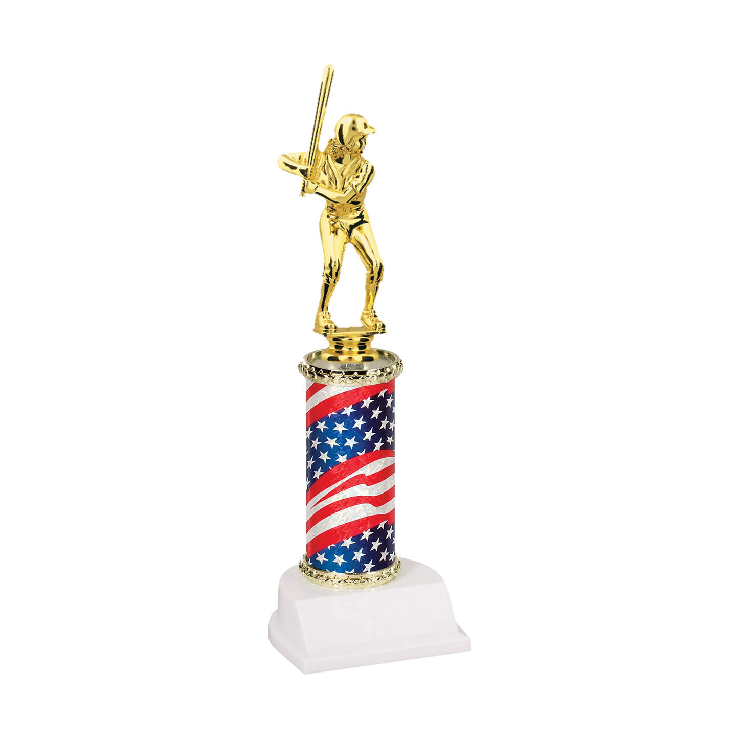 Champion Series Softball Trophy - Slugger, softball batter in a helmet with the bat up on her shoulder on a stars and stripes flag column with white base