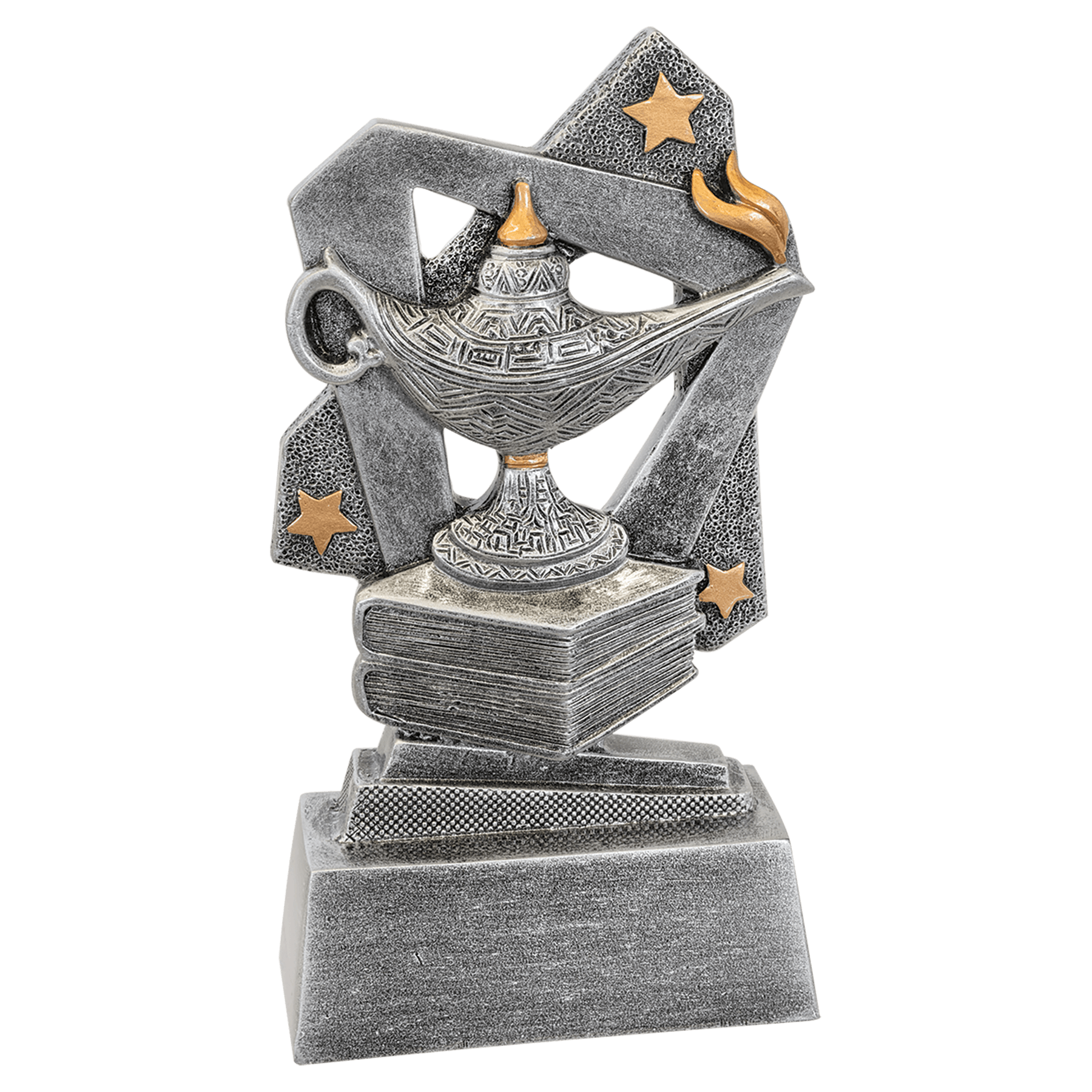 Lamp of Knowledge Triumph Resin award, 5.5 inch silver with gold accents