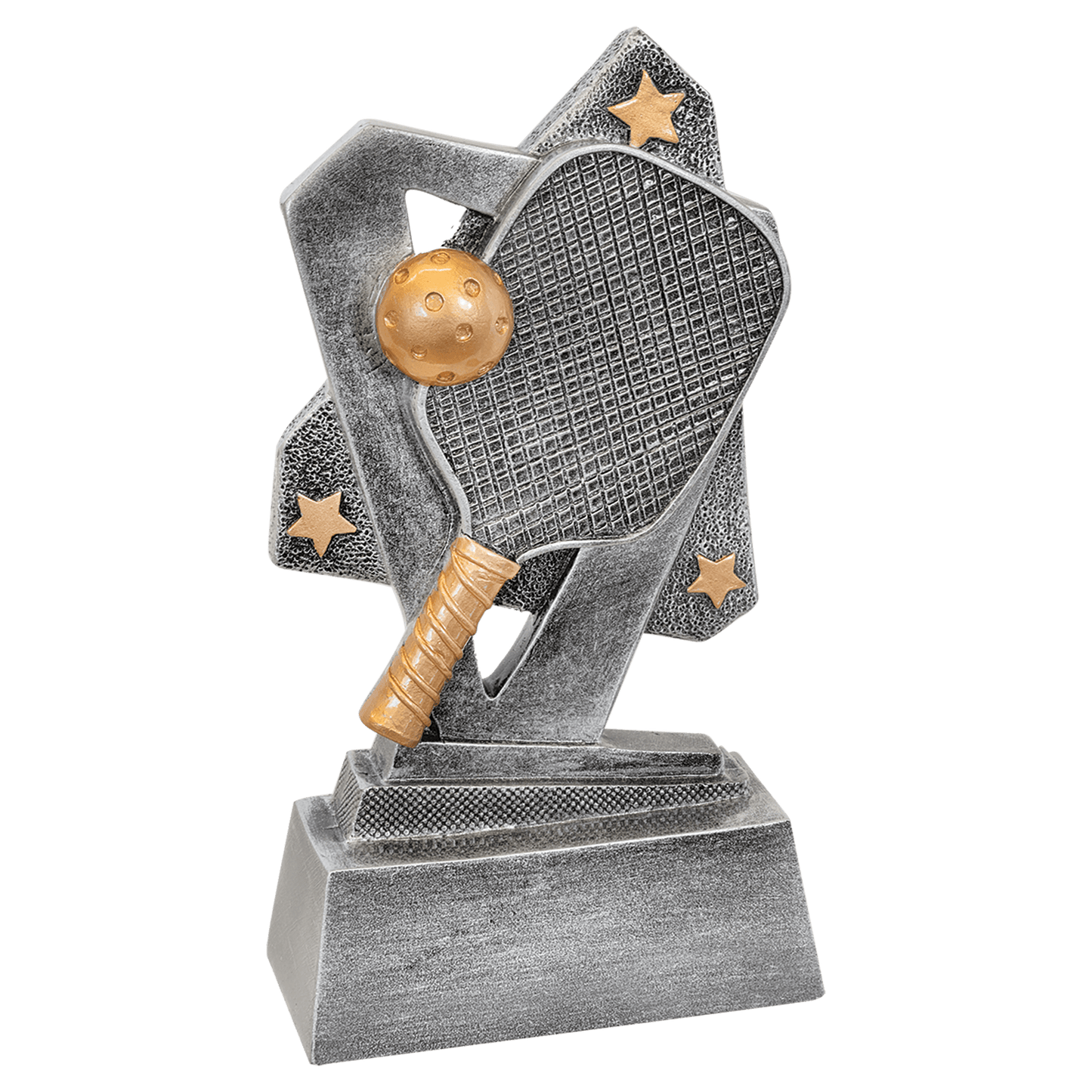 5½" Pickleball Triumph resin trophy, silver with gold accents and stars