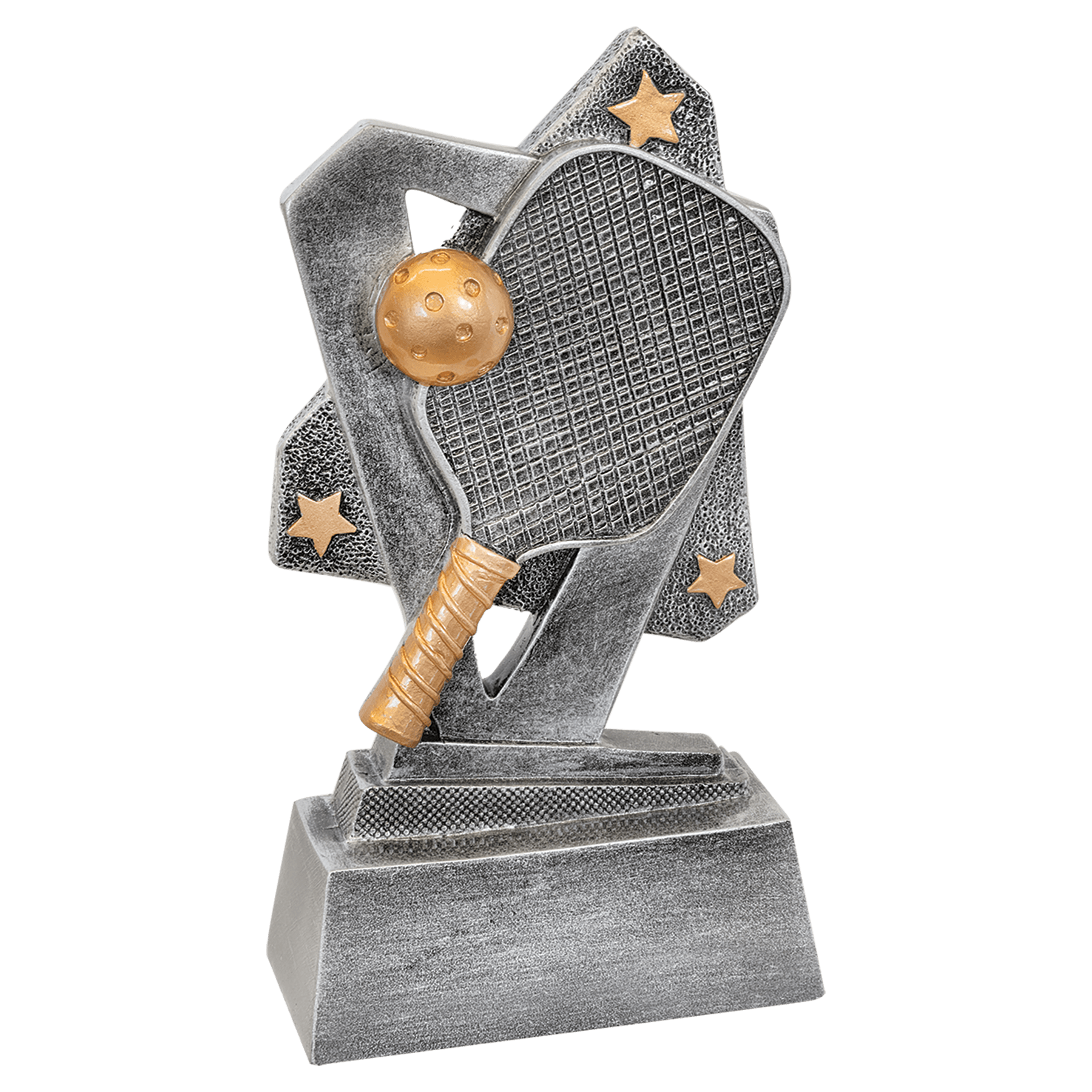 5½" Pickleball Triumph resin trophy, silver with gold accents and stars