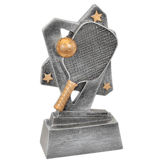 5½" Pickleball Triumph resin trophy, silver with gold accents and stars
