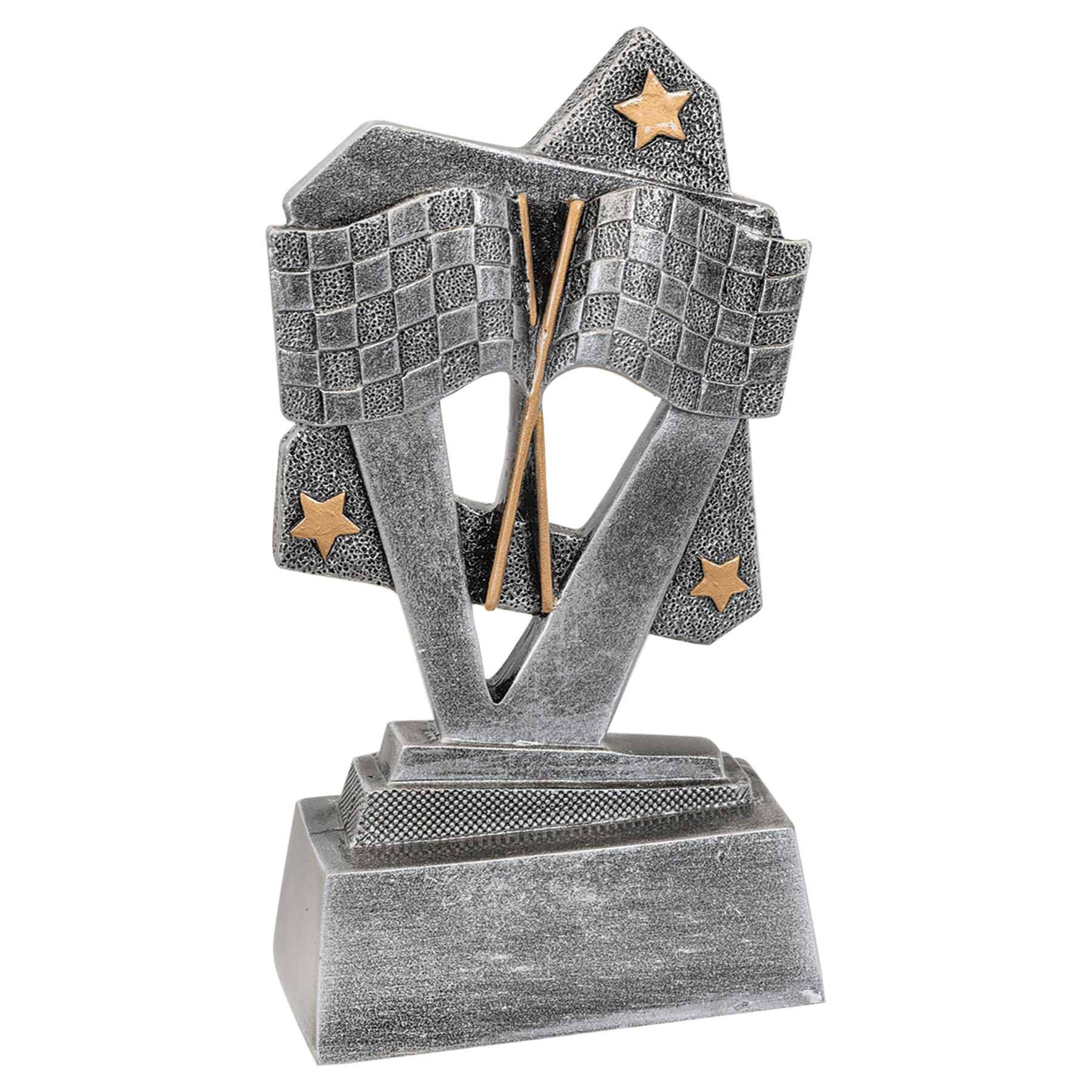 5½" Racing Triumph resin trophy, silver with gold accents and stars