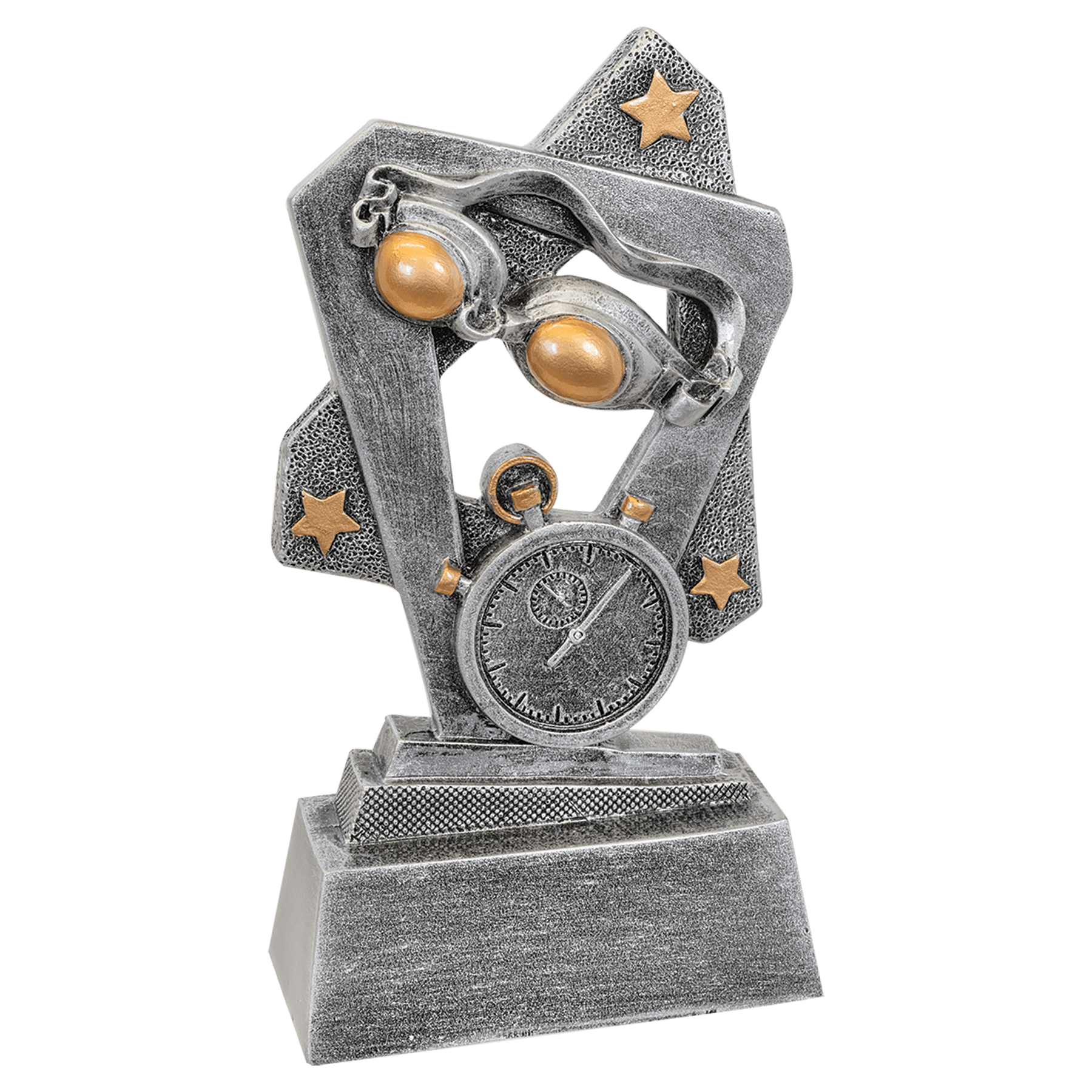 5½" Swimming Triumph resin trophy, silver with gold accents and stars