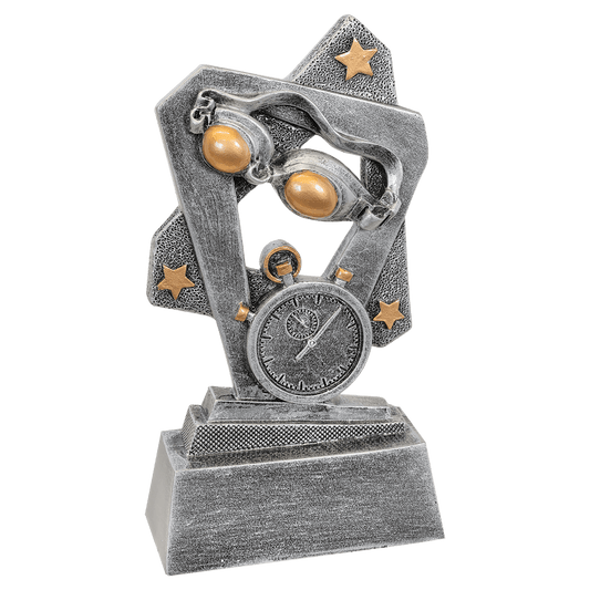 5½" Swimming Triumph resin trophy, silver with gold accents and stars