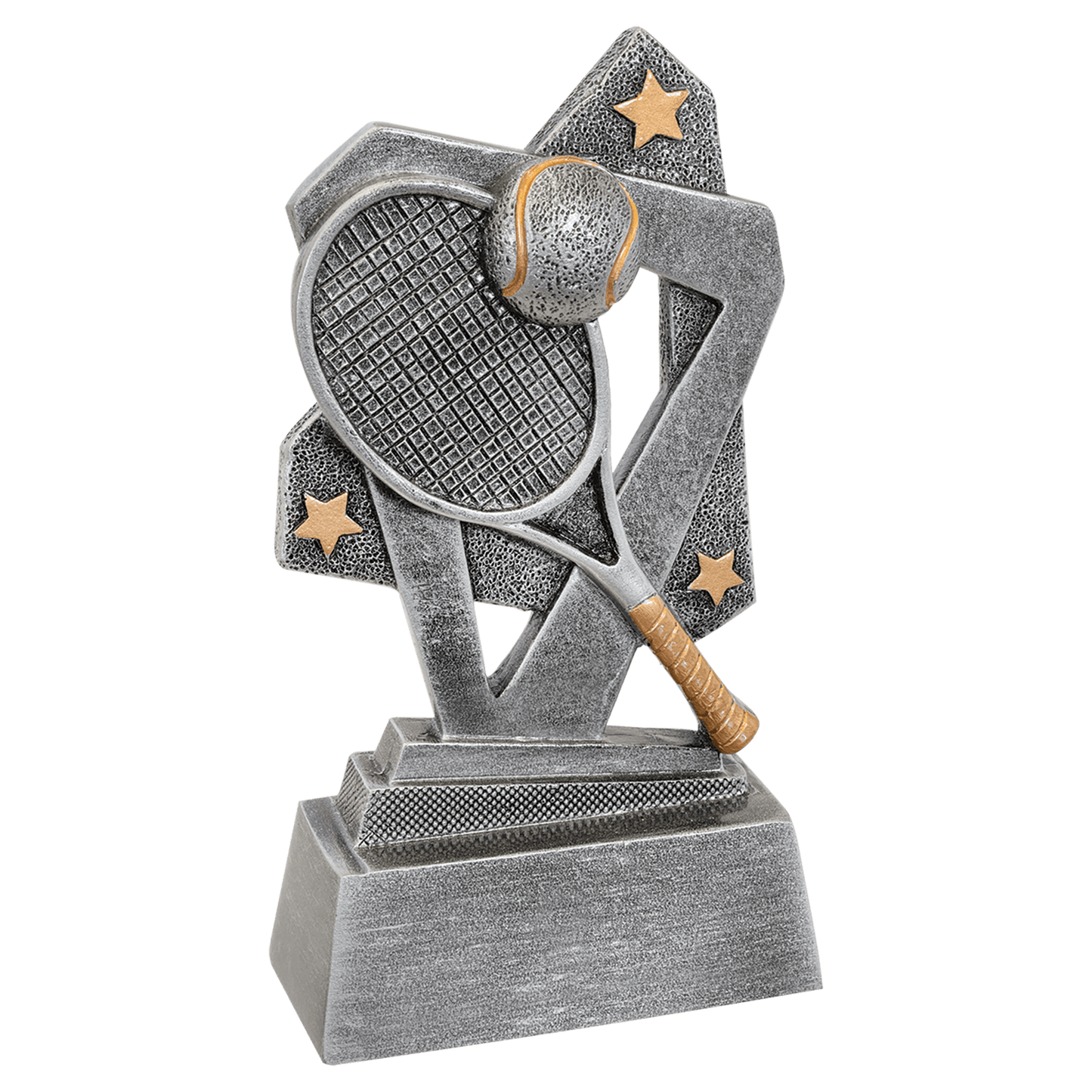 5½" Tennis Triumph resin trophy, silver with gold accents and stars