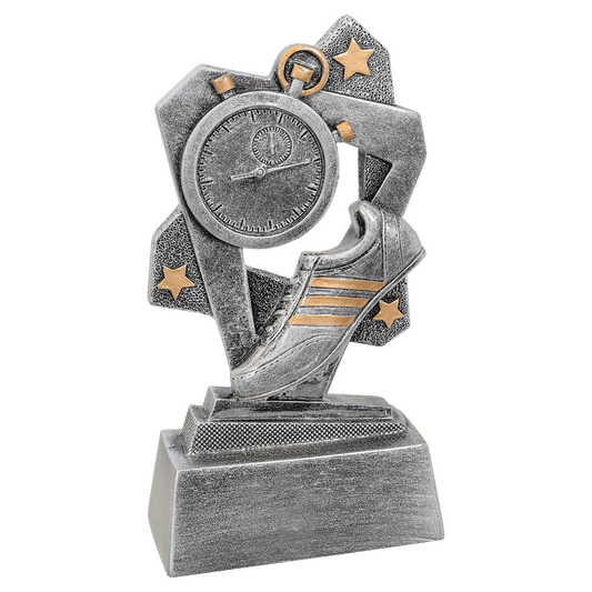 5½" Track Triumph resin trophy, silver with gold accents and stars