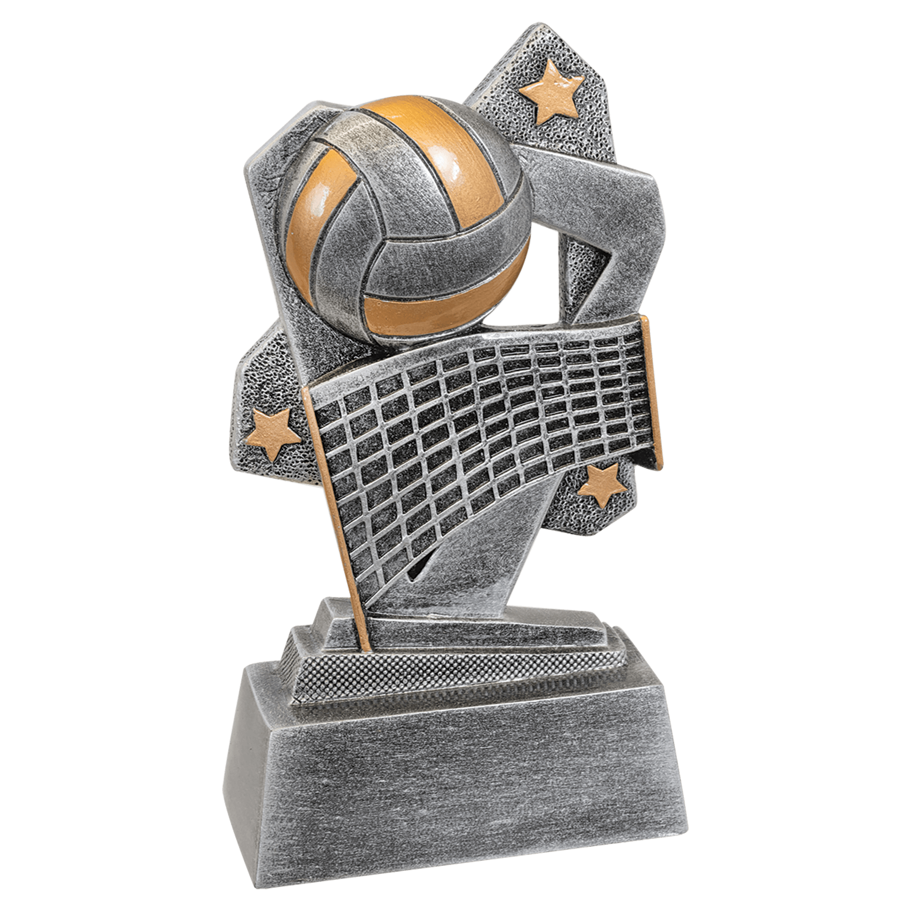 5½" Volleyball Triumph resin trophy, silver with gold accents and stars
