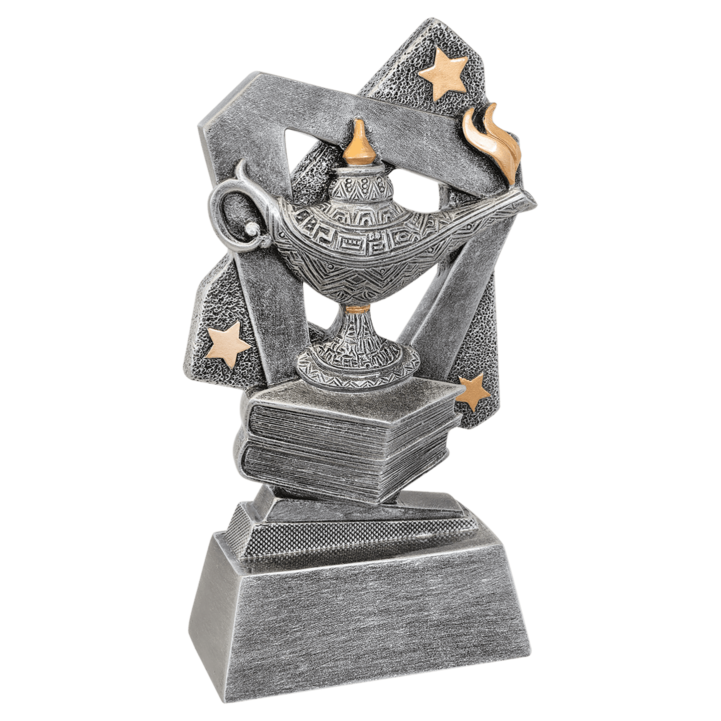 Lamp of Knowledge Triumph Resin award, 6.5 inch silver with gold accents