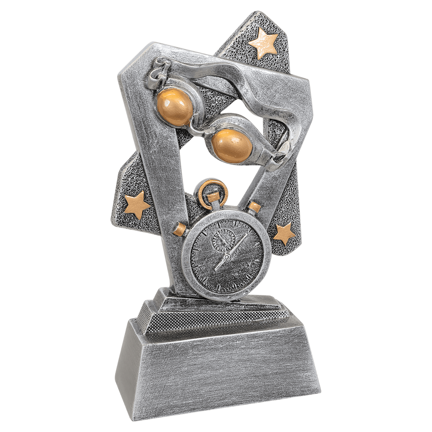 6½" Swimming Triumph resin trophy, silver with gold accents and stars