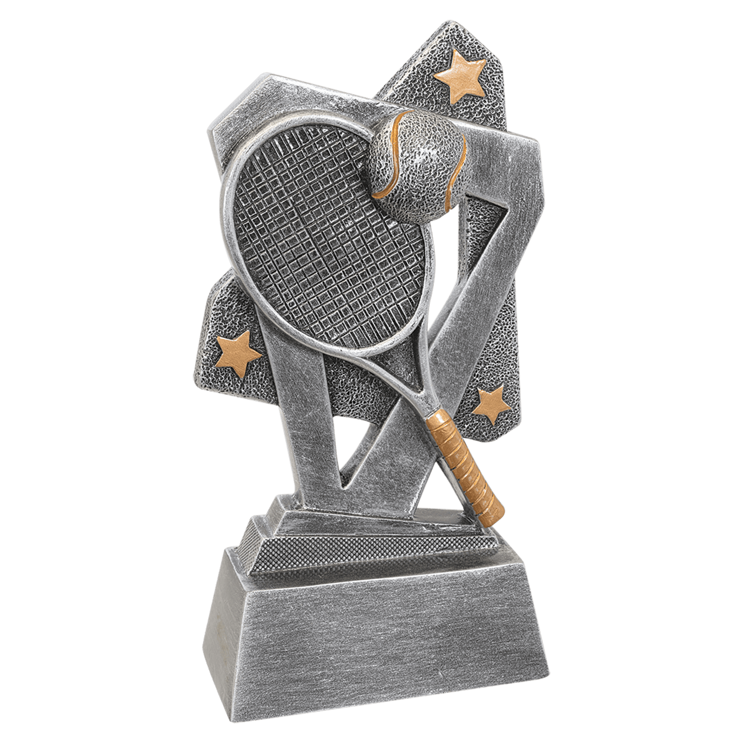 6½" Tennis Triumph resin trophy, silver with gold accents and stars