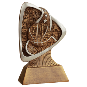 Basketball Triad resin trophy with a modern tri-column base and gold basketball