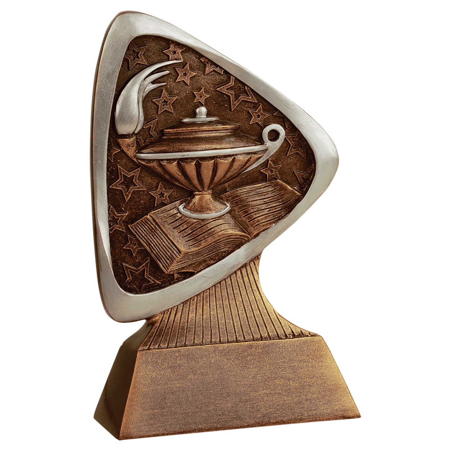 Lamp of Knowledge Triad Resin award, 5.5 inch antique gold and silver