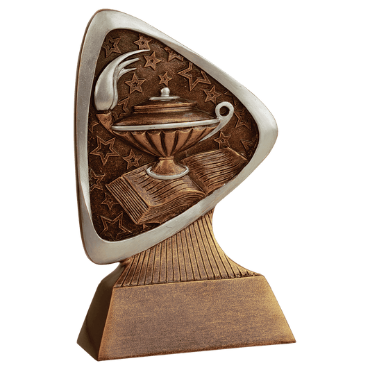 Lamp of Knowledge Triad Resin award, 5.5 inch antique gold and silver