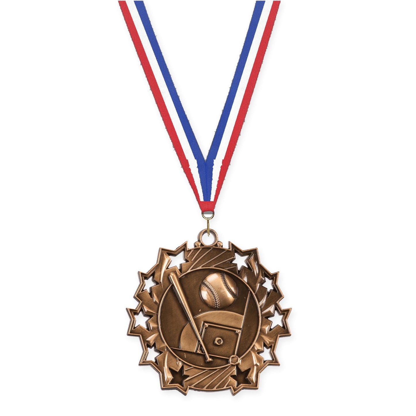 2 1/4 inch baseball and softball Ten Star medal in antique bronze with Red White Blue neck ribbon
