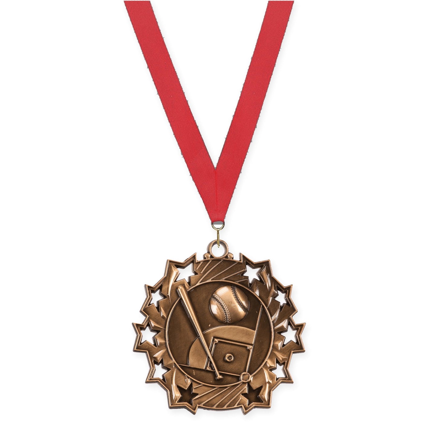 2 1/4 inch baseball and softball Ten Star medal in antique bronze with Red neck ribbon
