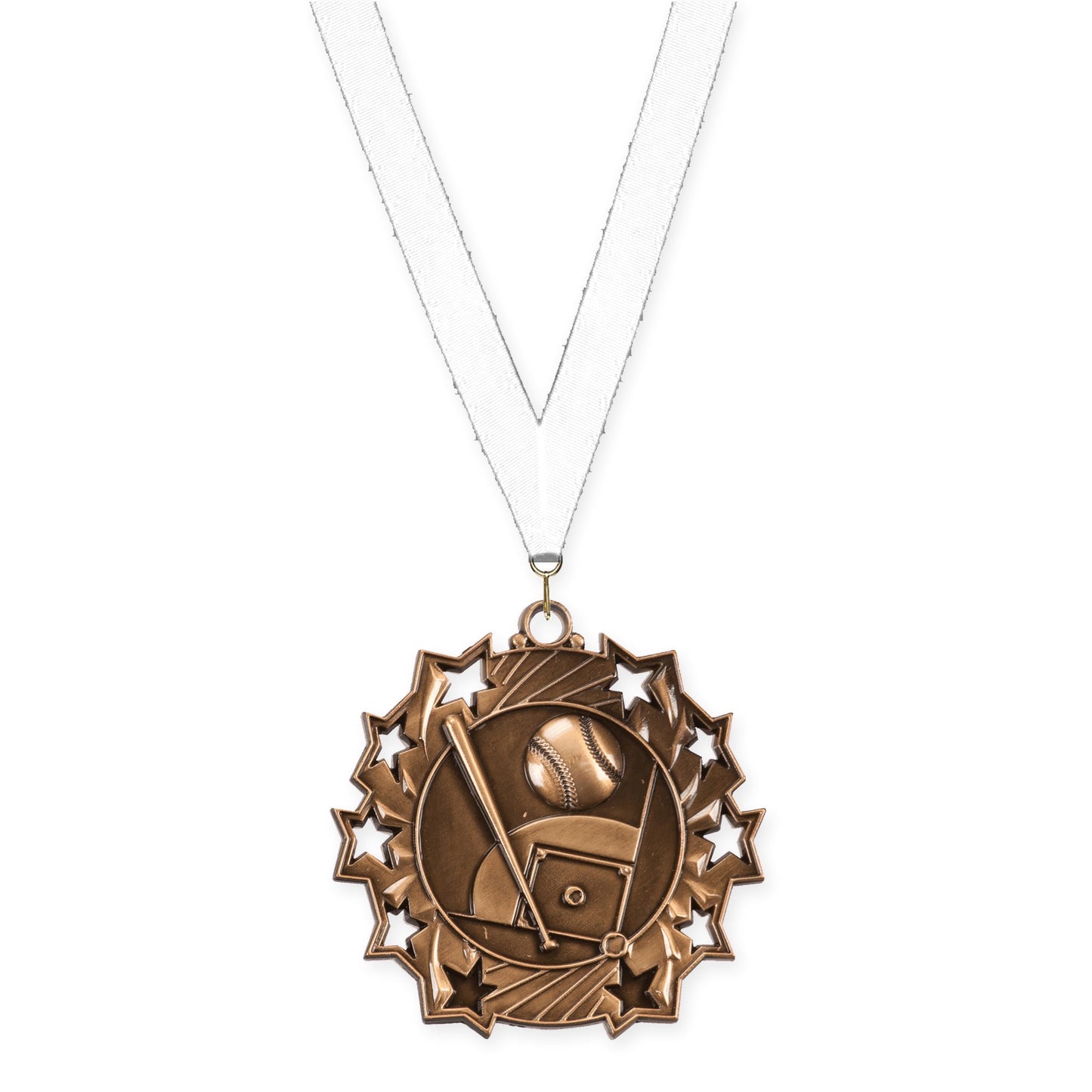 2 1/4 inch baseball and softball Ten Star medal in antique bronze with White neck ribbon