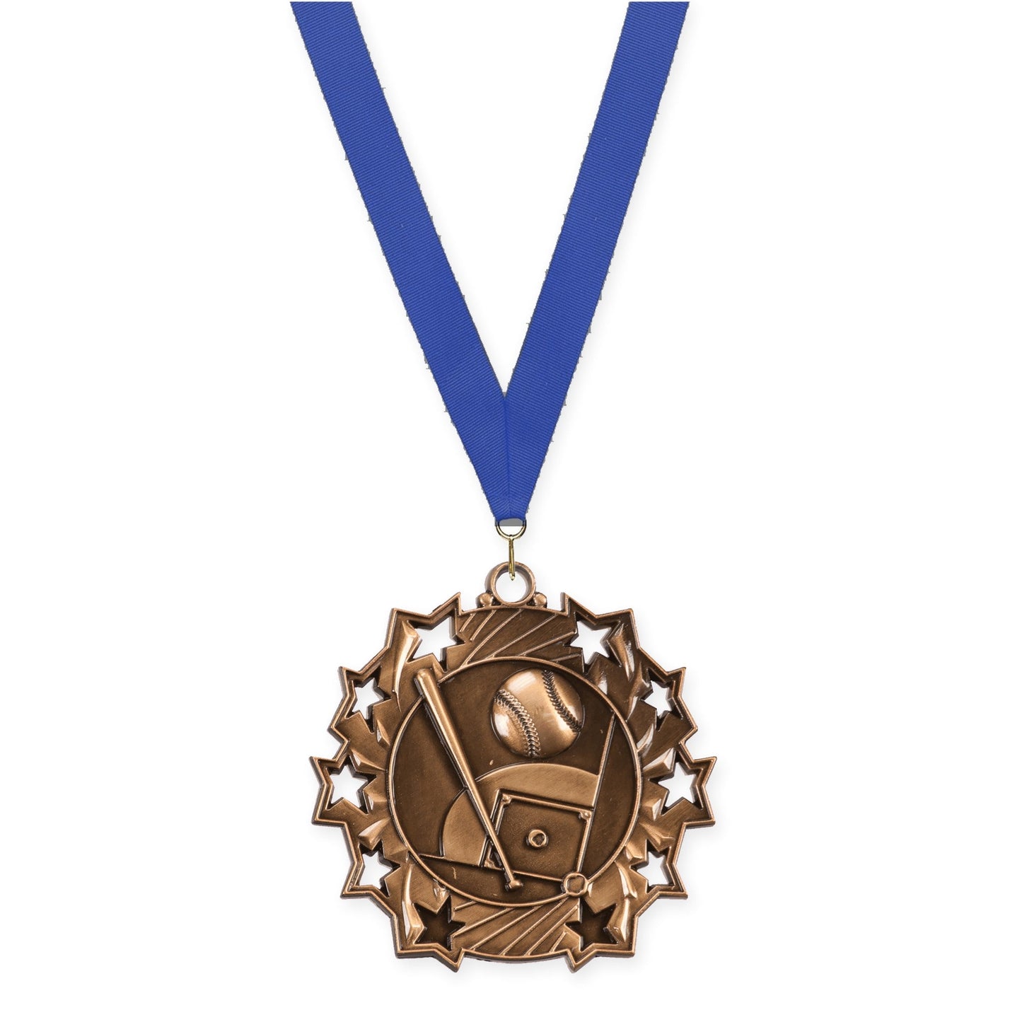 2 1/4 inch baseball and softball Ten Star medal in antique bronze with Blue neck ribbon