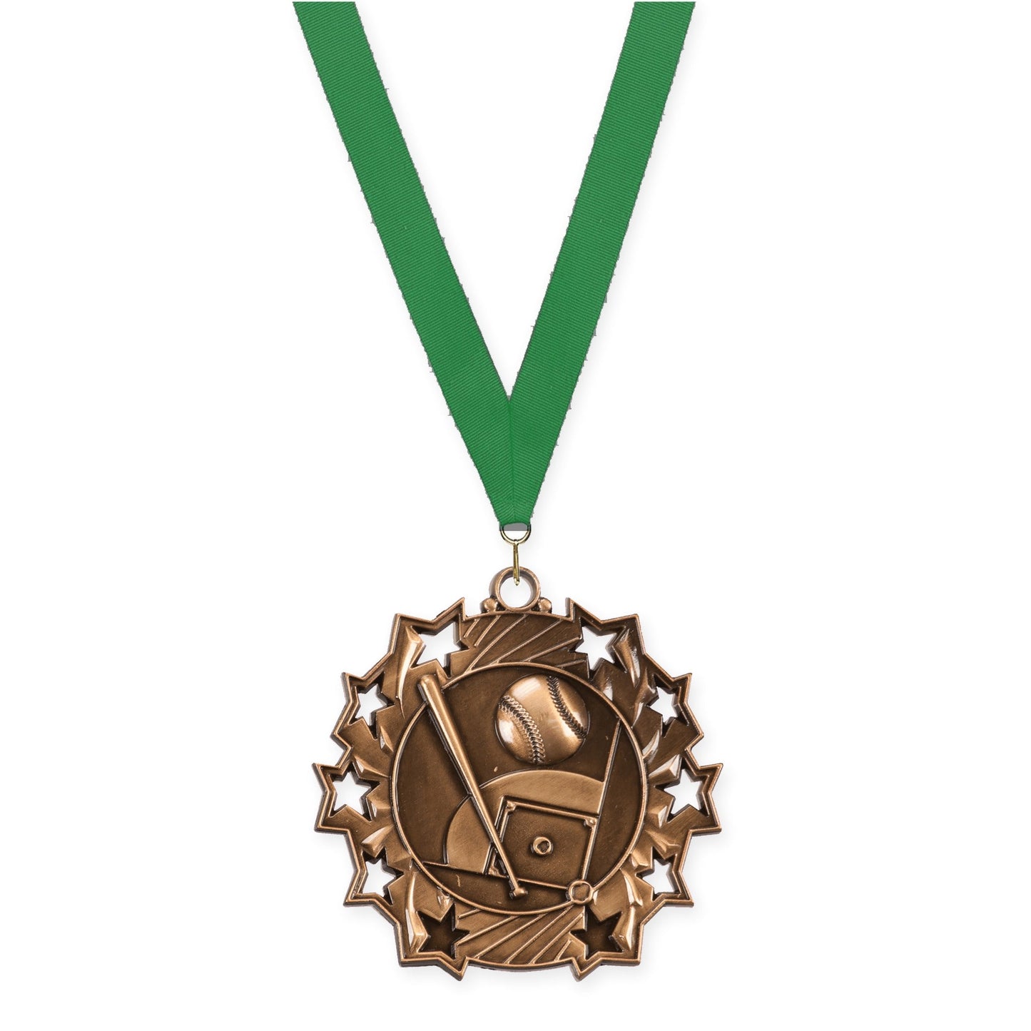 2 1/4 inch baseball and softball Ten Star medal in antique bronze with Green neck ribbon