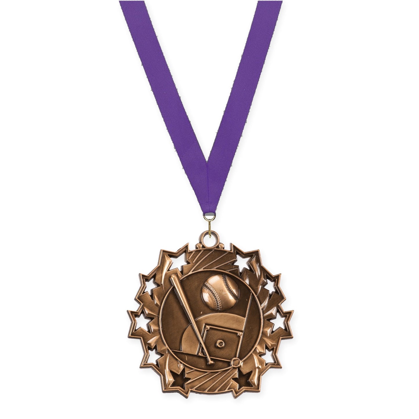 2 1/4 inch baseball and softball Ten Star medal in antique bronze with Purple neck ribbon