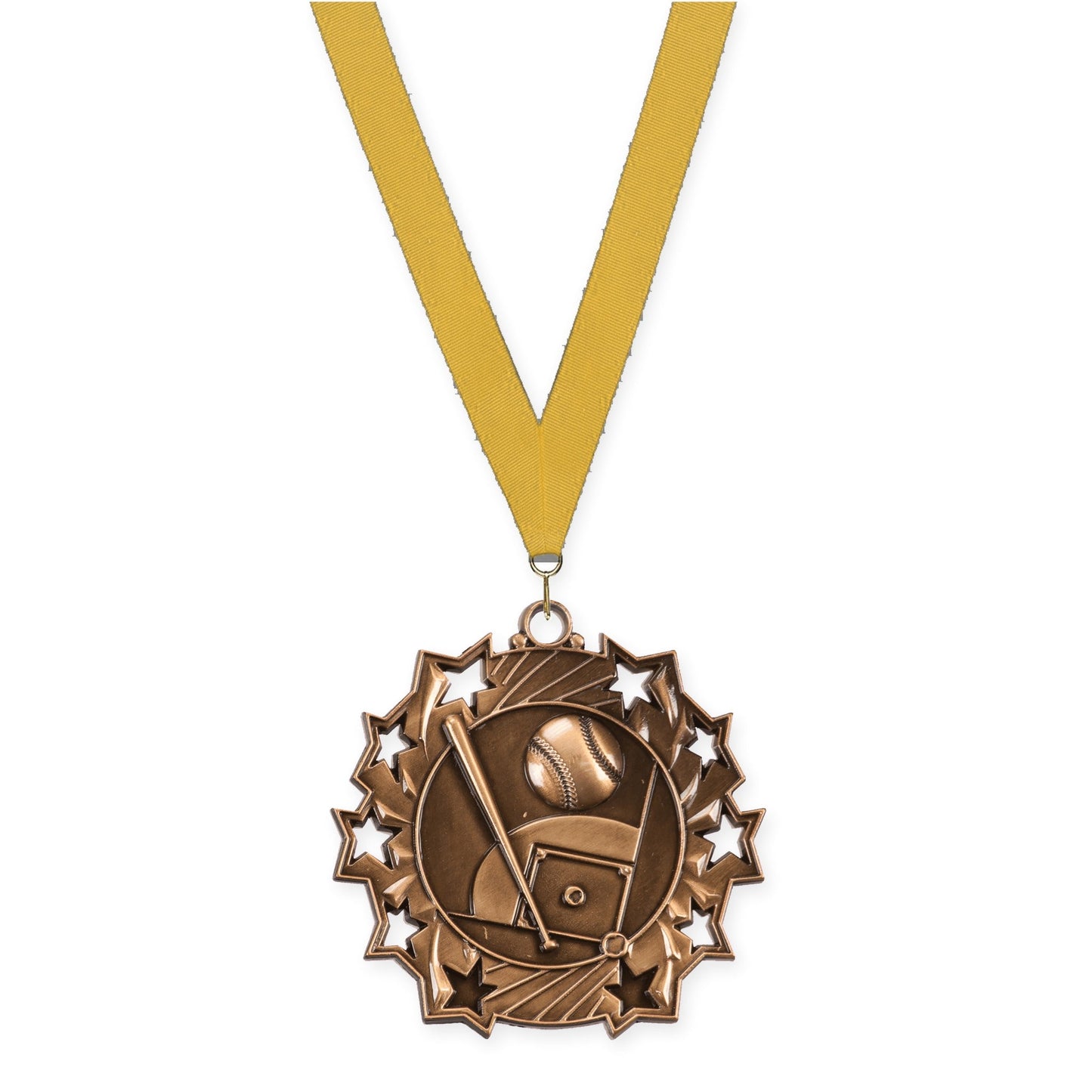 2 1/4 inch baseball and softball Ten Star medal in antique bronze with Gold neck ribbon