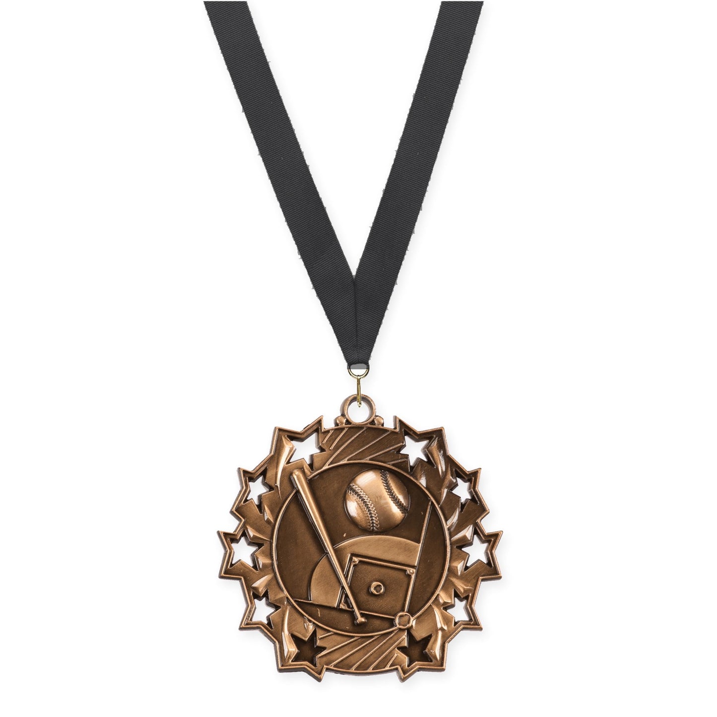 2 1/4 inch baseball and softball Ten Star medal in antique bronze with Black neck ribbon