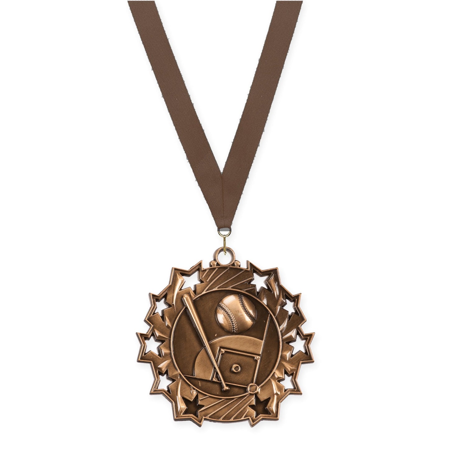 2 1/4 inch baseball and softball Ten Star medal in antique bronze with Brown neck ribbon