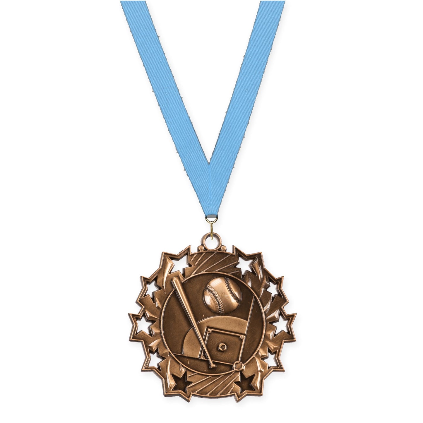 2 1/4 inch baseball and softball Ten Star medal in antique bronze with Light Blue neck ribbon