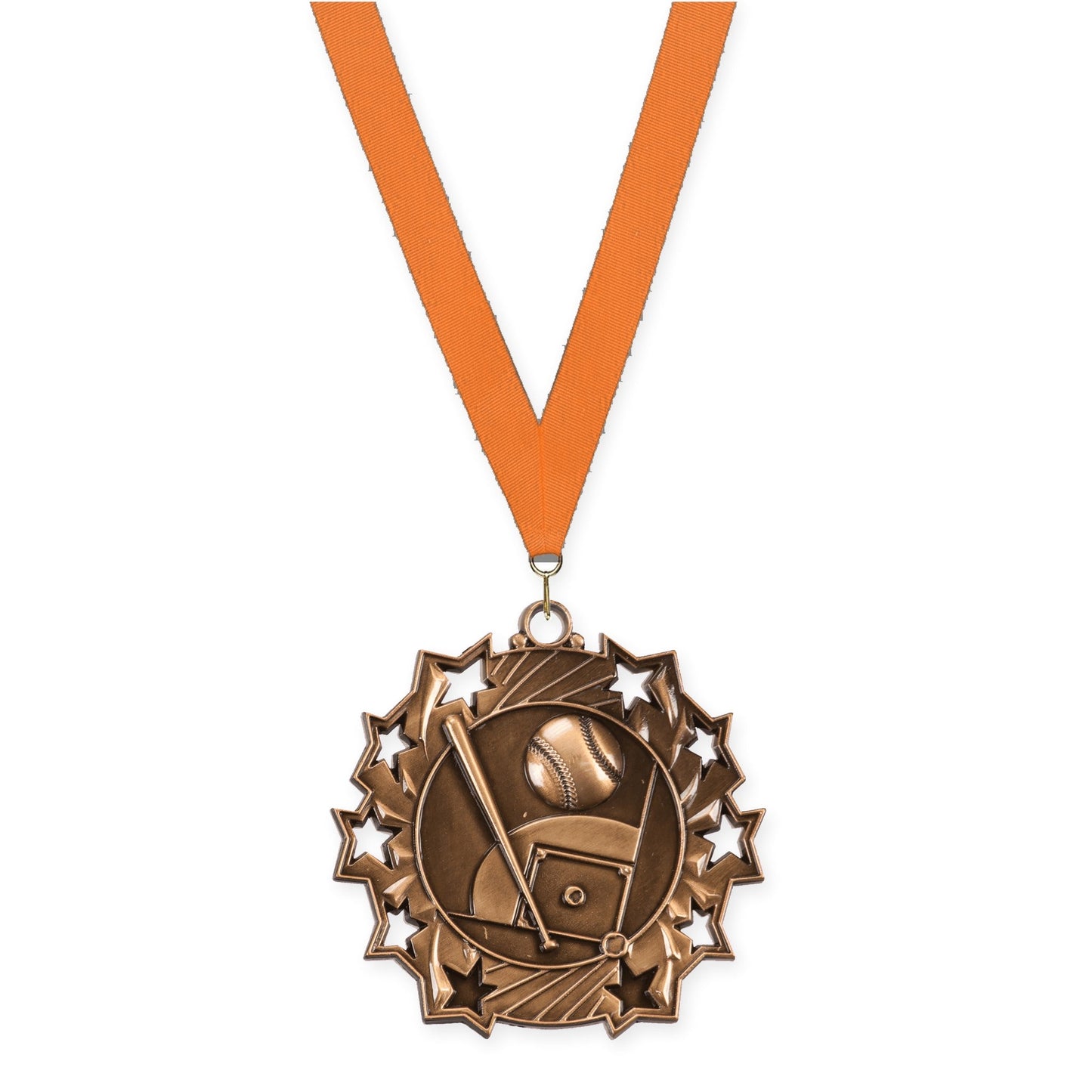 2 1/4 inch baseball and softball Ten Star medal in antique bronze with Orange neck ribbon