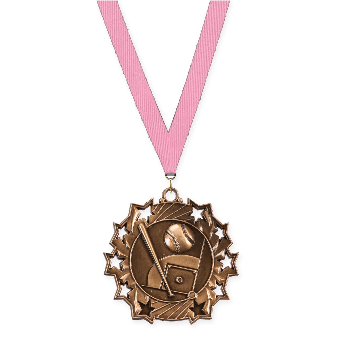 2 1/4 inch baseball and softball Ten Star medal in antique bronze with Pink neck ribbon