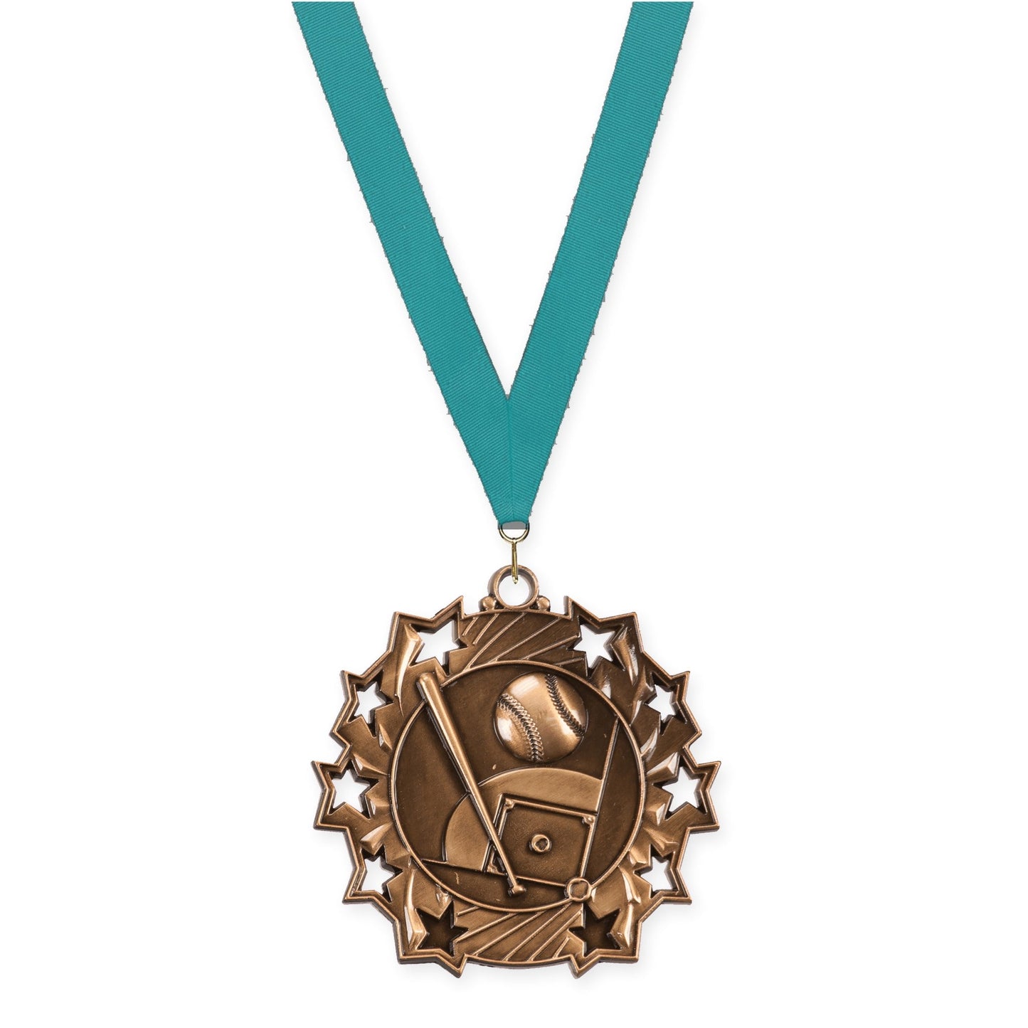 2 1/4 inch baseball and softball Ten Star medal in antique bronze with Teal neck ribbon