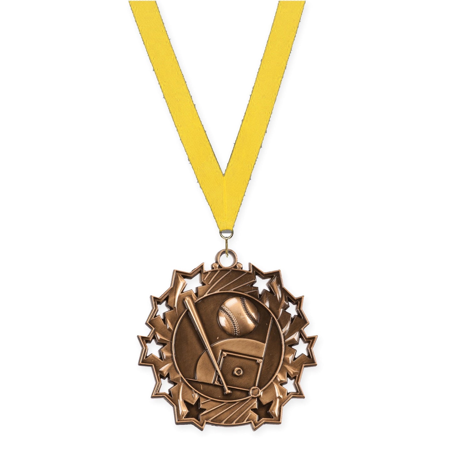 2 1/4 inch baseball and softball Ten Star medal in antique bronze with Yellow neck ribbon