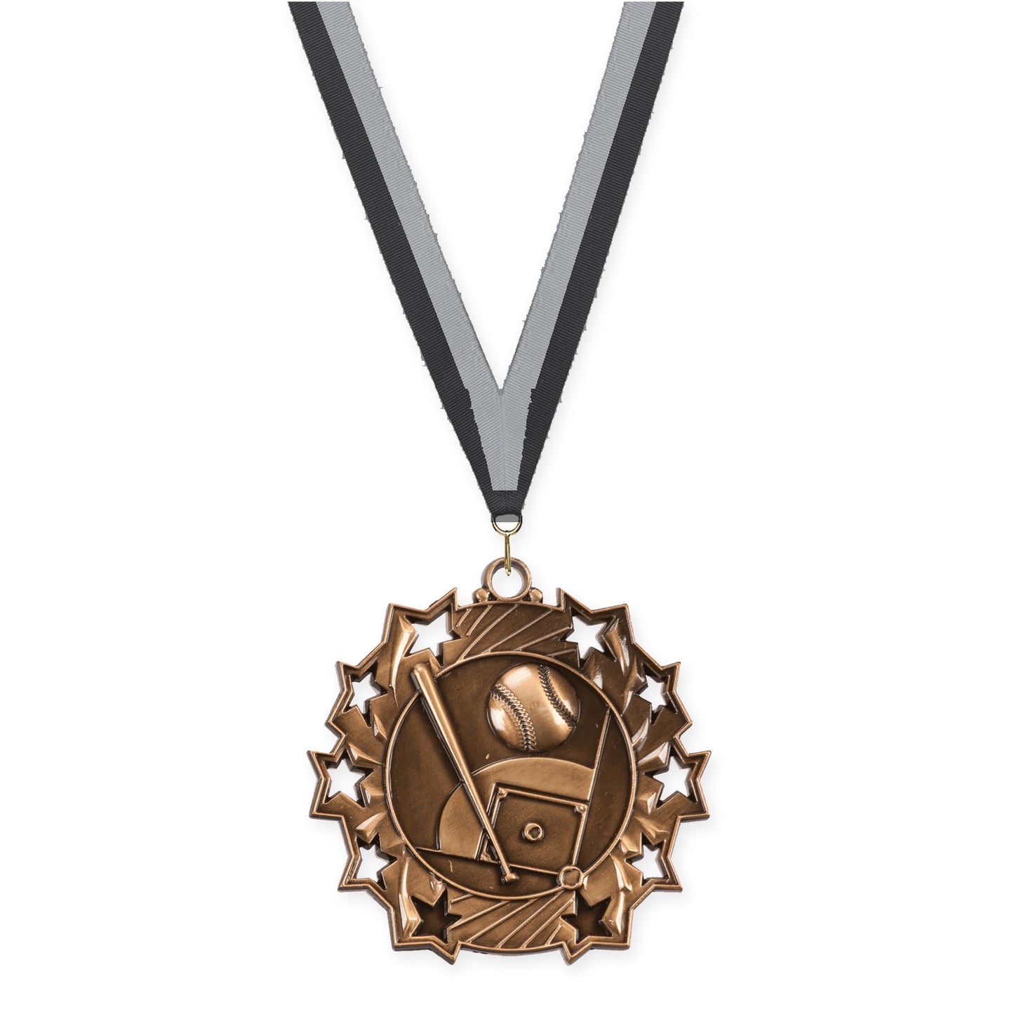 2 1/4 inch baseball and softball Ten Star medal in antique bronze with Black Gray neck ribbon