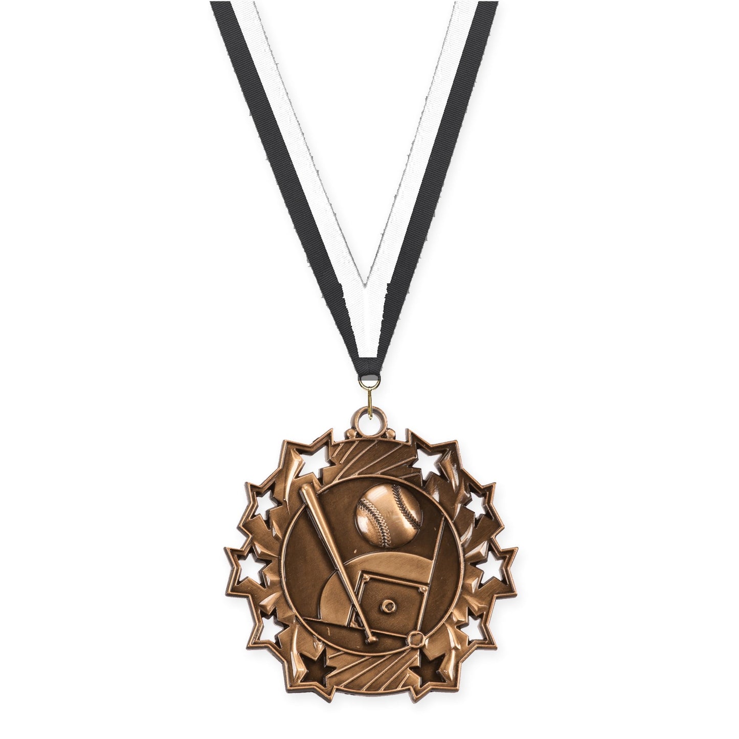 2 1/4 inch baseball and softball Ten Star medal in antique bronze with Black White neck ribbon