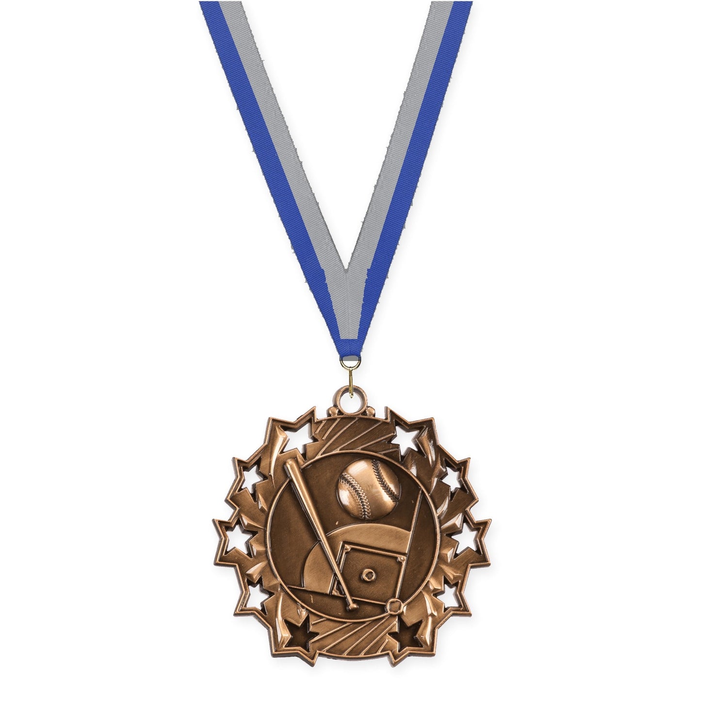 2 1/4 inch baseball and softball Ten Star medal in antique bronze with Blue Gray neck ribbon