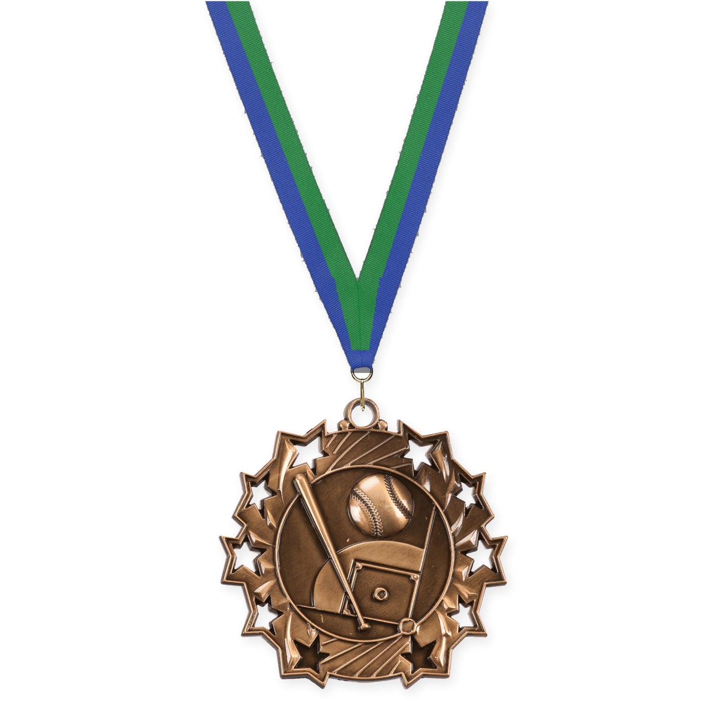 2 1/4 inch baseball and softball Ten Star medal in antique bronze with Blue Green neck ribbon