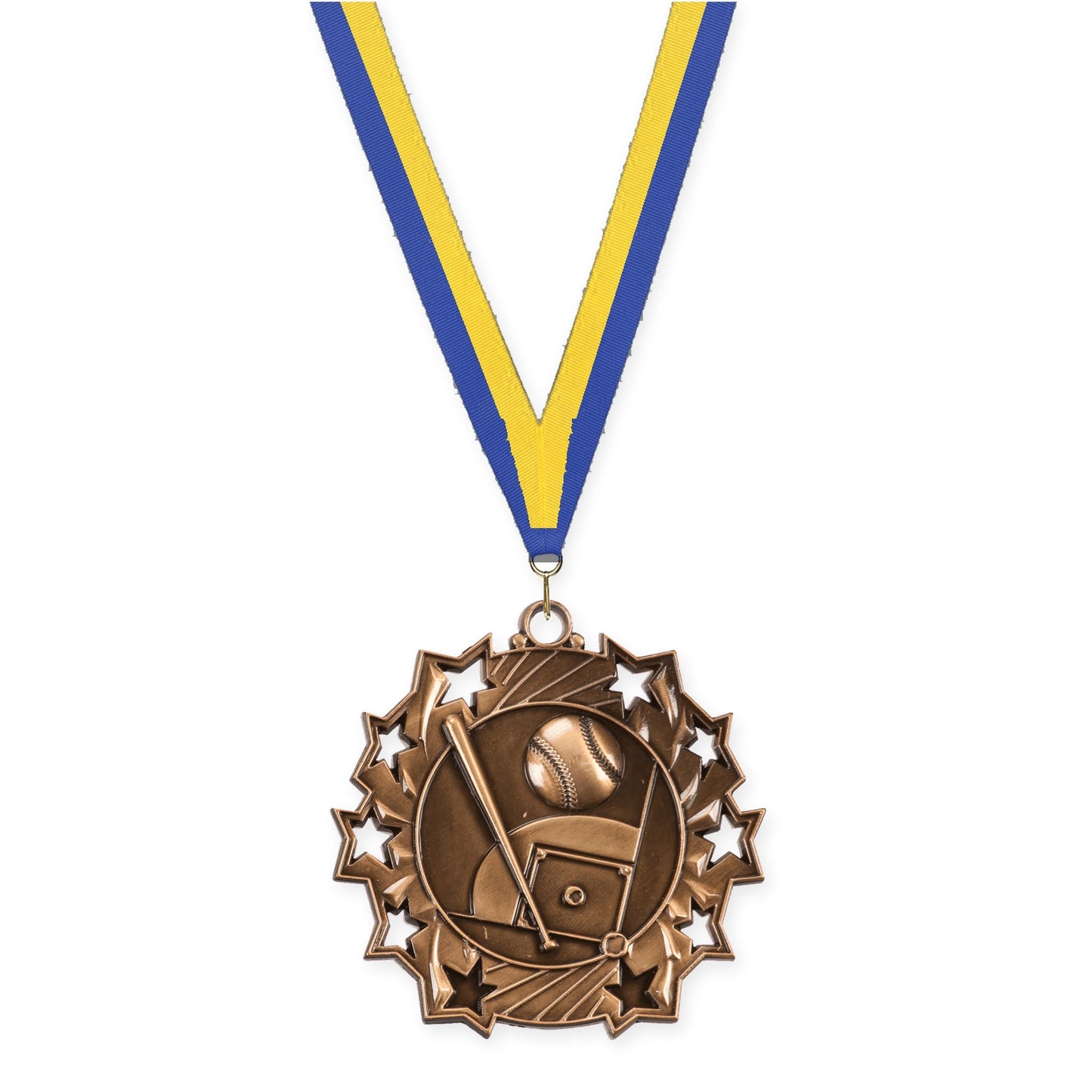 2 1/4 inch baseball and softball Ten Star medal in antique bronze with Blue Yellow neck ribbon