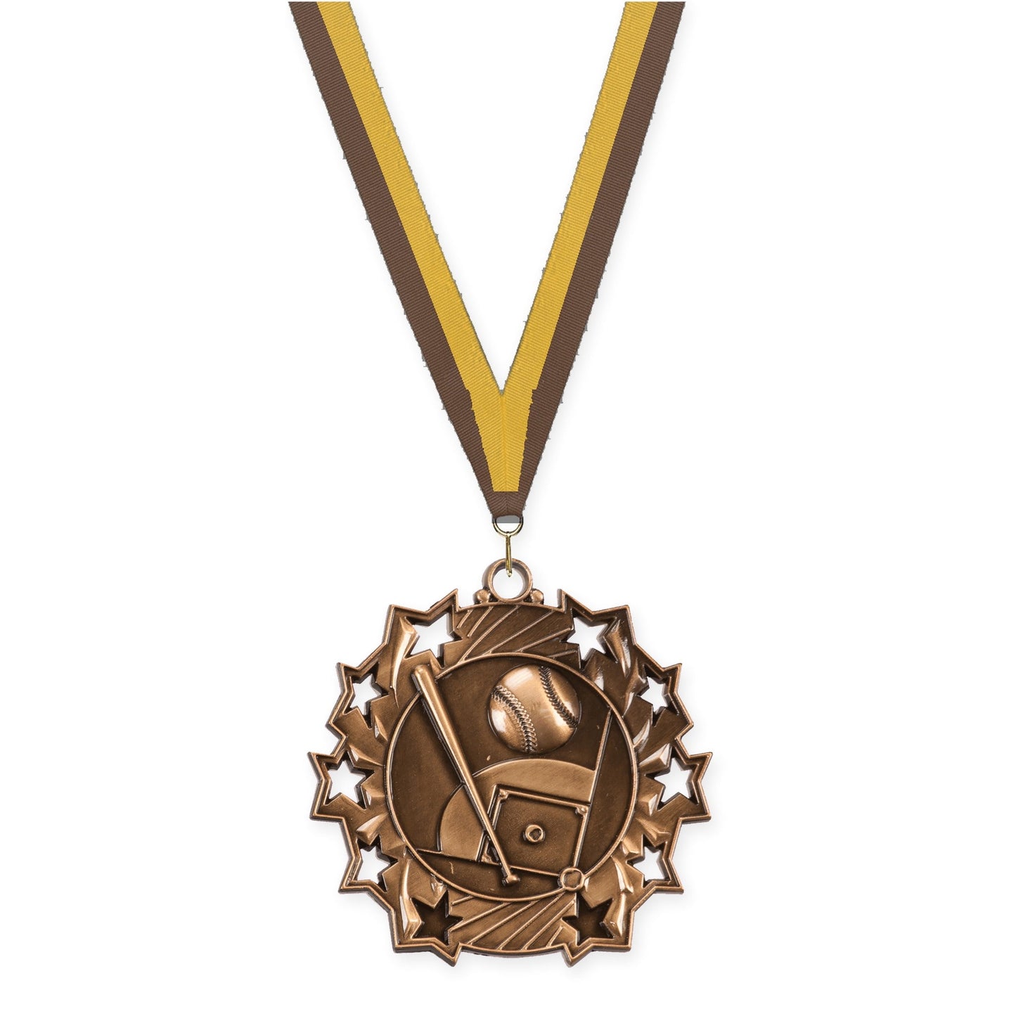 2 1/4 inch baseball and softball Ten Star medal in antique bronze with Brown Gold neck ribbon