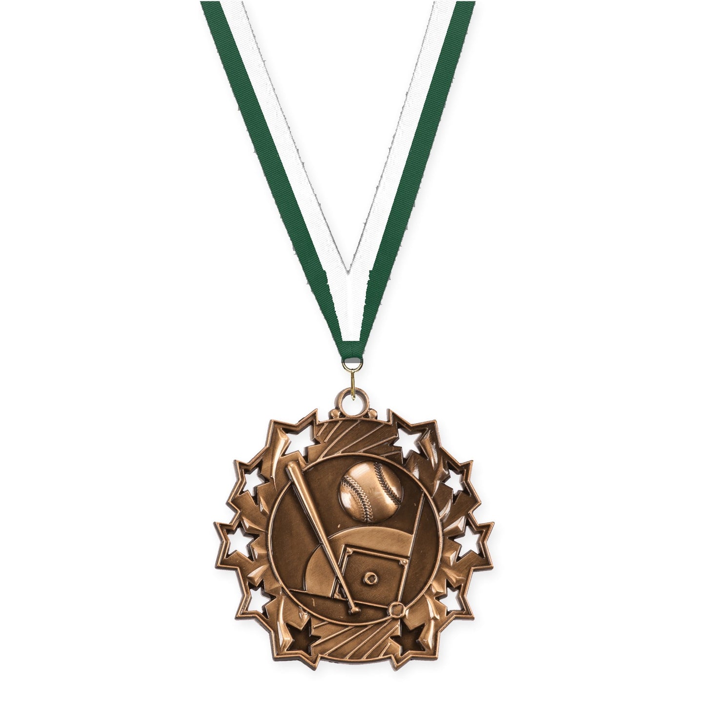 2 1/4 inch baseball and softball Ten Star medal in antique bronze with Hunter Green White neck ribbon
