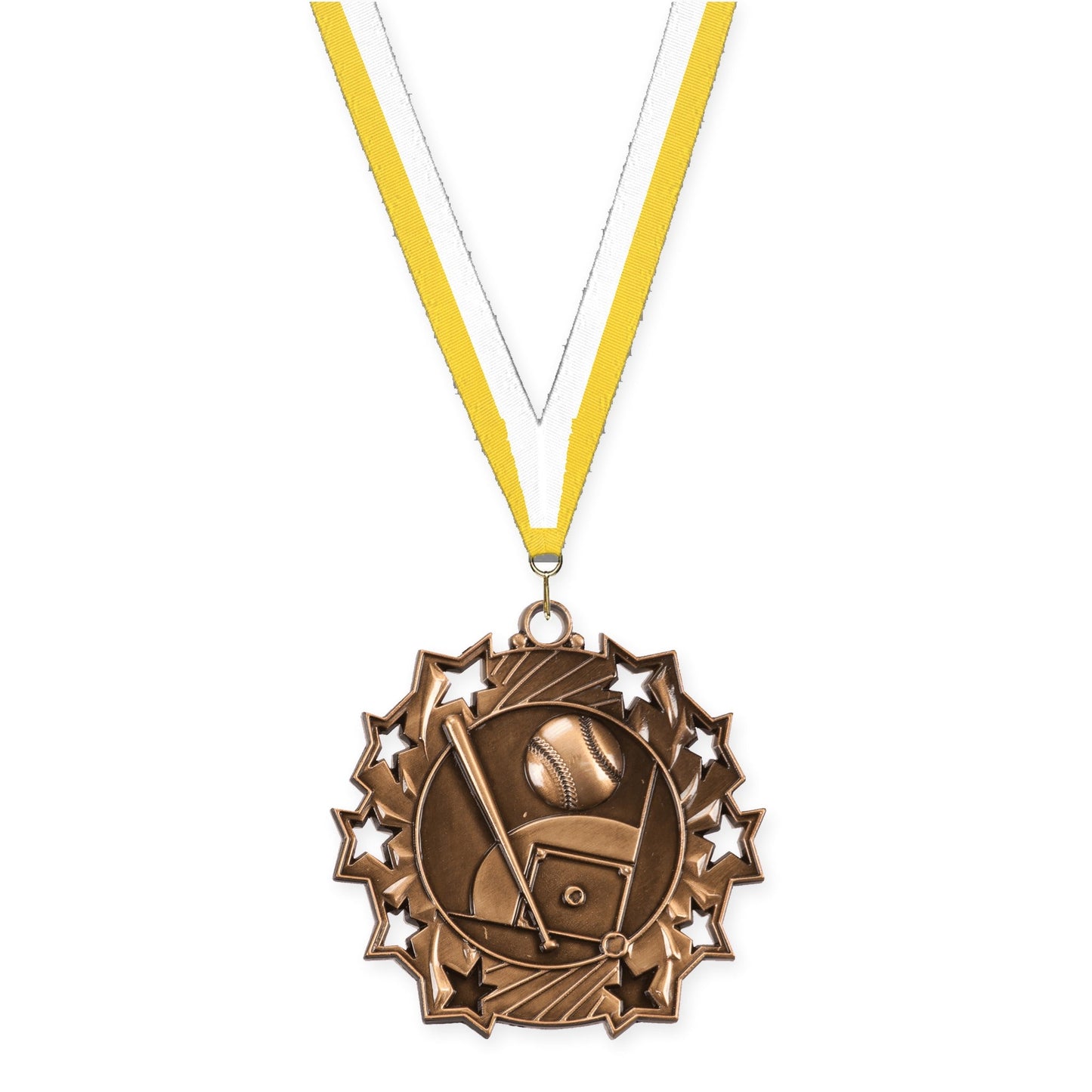 2 1/4 inch baseball and softball Ten Star medal in antique bronze with Yellow White neck ribbon
